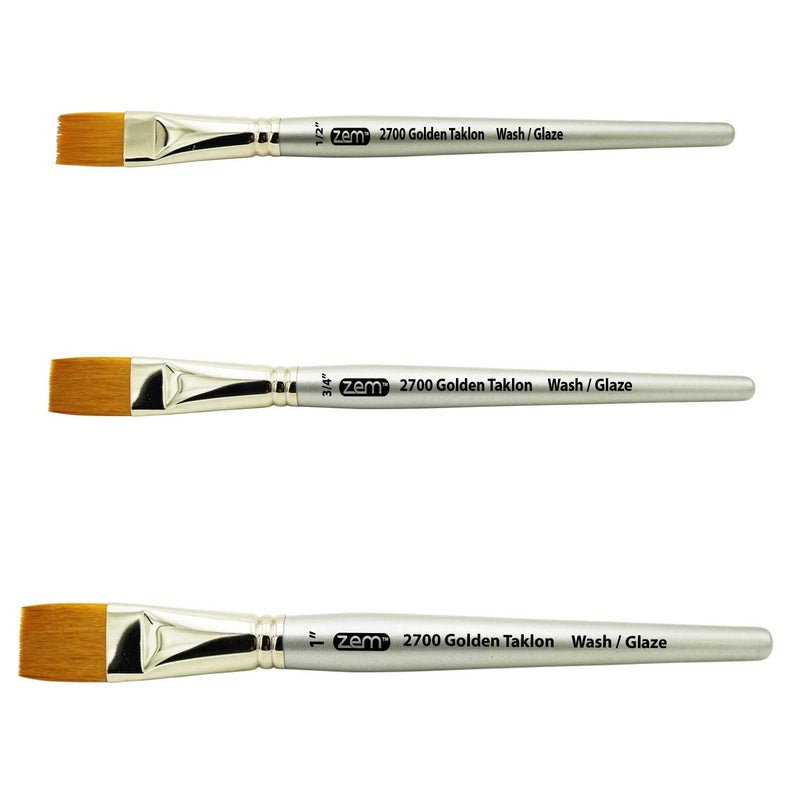 ZEM Brush Golden Taklon Wash Brush Set Sizes 1/2", 3/4", 1" - Image 1